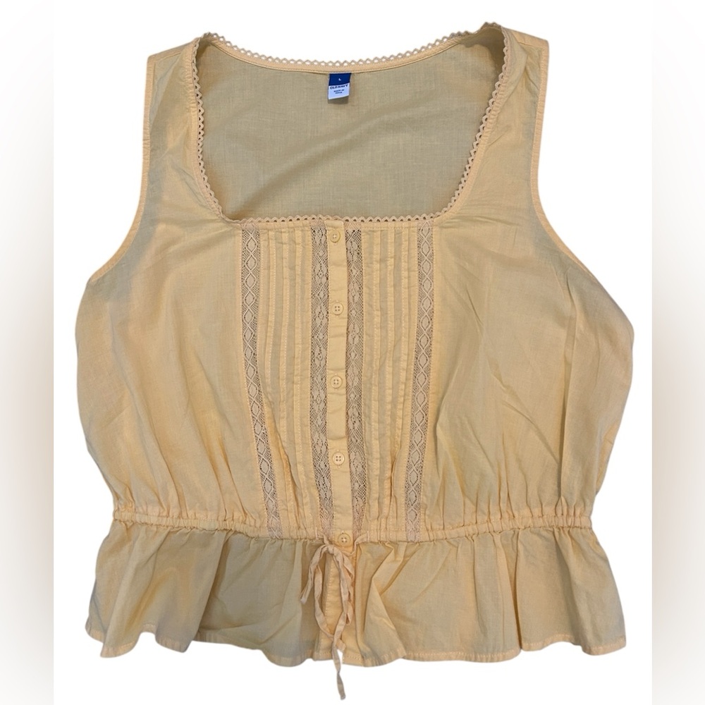 Old Navy Tie Waist Lace Trim Peplum Tank Top Butter Yellow Cottagecore Size L